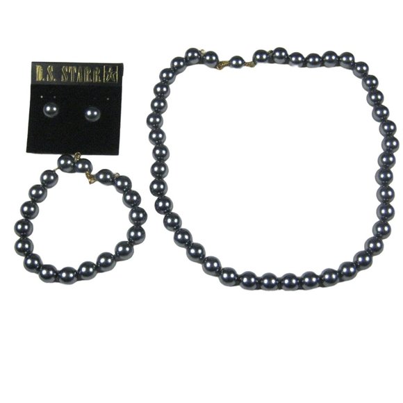DS STARR Necklace Earrings Bracelet Women Set 3 Black Faux Pearl Bead String VTG - Picture 6 of 11
